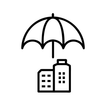 Business insurance icon with umbrella protecting corporate buildings.