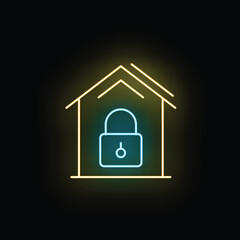 Plakat House icon glowing with neon lines securing a padlock symbol