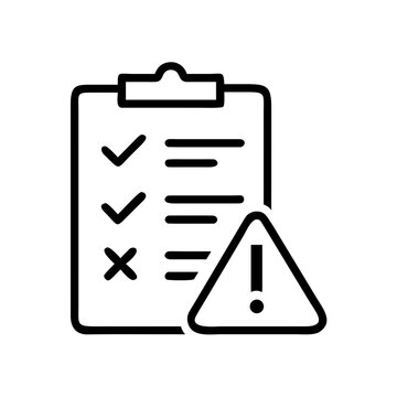 Risk assessment checklist icon with warning sign and clipboard list.