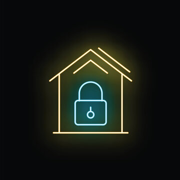 House icon glowing with neon lines securing a padlock symbol
