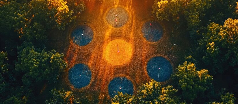 aerial view of blue ponds in forest