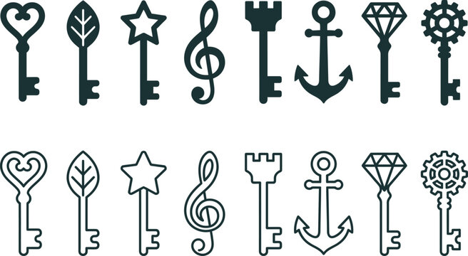 Decorative and symbolic key featuring hearts, leaves, stars, anchors, and gears in black and white style for creative