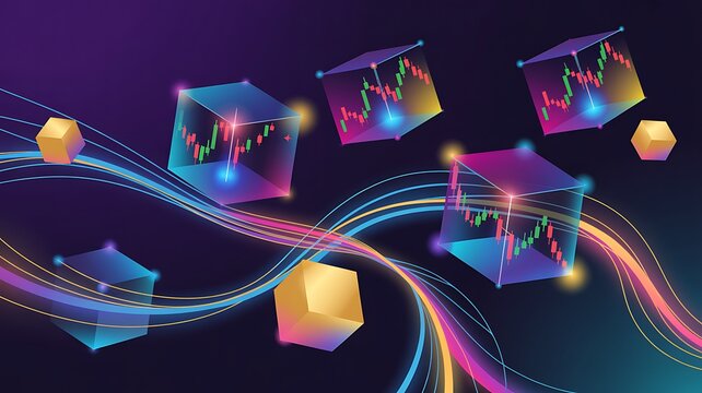 Vibrant digital abstract illustration featuring graphs and cubical shapes in motion
