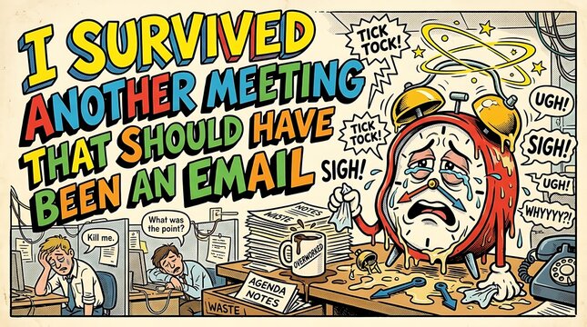 Another Meeting That Should Have Been An Email: A humorous illustration depicting the exhaustion and frustration of office workers attending a pointless meeting, symbolized by a melting.