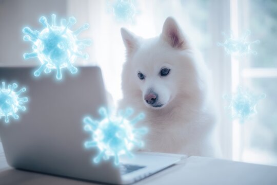 Anthropomorphic dog's morning tech encounter. Laptop dog. Unders