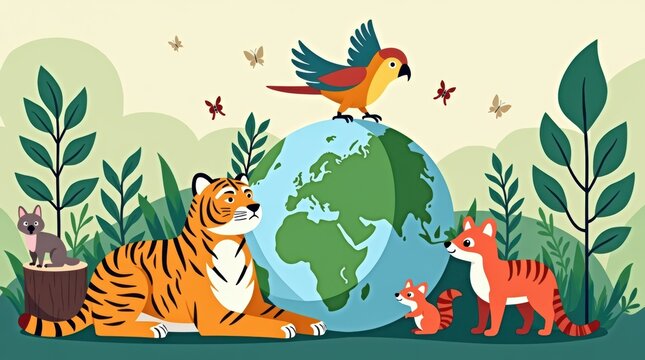 Cute cartoon tiger bird and fox animals with a globe of the earth in a lush green nature forest landscape illustration