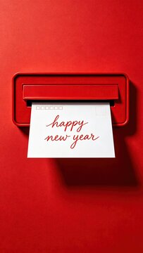 Minimalist festive red wall mounted mailbox with handwritten happy new year greeting card sticking out on solid red holiday celebration background
