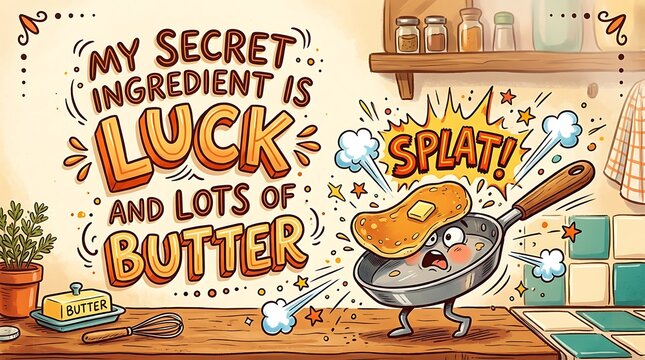 Pancake's Buttered Fright: A cartoon pancake pan with eyes and legs recoils in surprise as a pancake flips with a SPLAT! next to a jar of butter.
