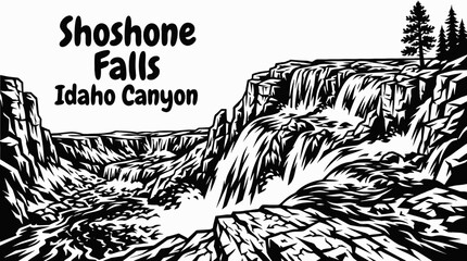 Obraz premium shoshone falls waterfall plunging into idaho canyon river landscape black and white vector illustration