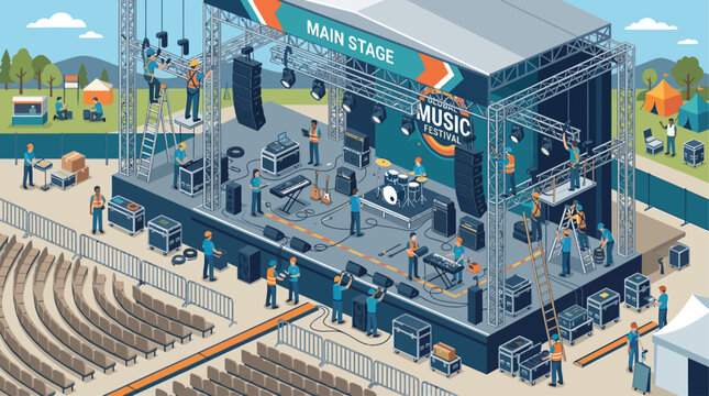 An isometric flat design illustration depicting a diligent stage crew meticulously setting up a grand music festival stage with instruments and lighting. 