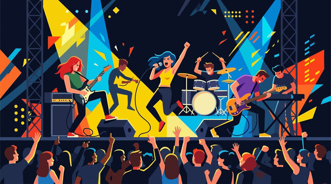 This flat design vector illustration captures the raw energy of band musicians performing dynamically on a grand stage at a music festival. Enthusiastic festival visitors cheer.