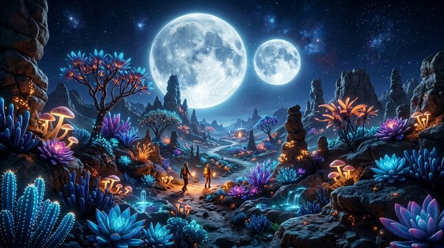Sci-fi alien landscape with glowing neon plants, twin moons, and two astronauts exploring an unknown planet at night