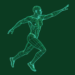 Obraz premium Wireframe Athlete Running in Dynamic Motion Against Dark Green Background