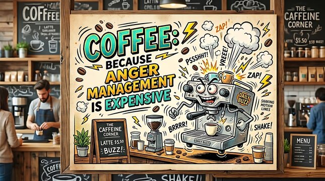 Coffee Time Humor: A vibrant, cartoon-style illustration depicts an angry espresso machine steaming and sputtering.