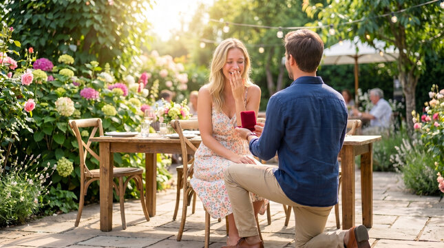 Man proposing with a ring to woman smiling in garden during sunset  