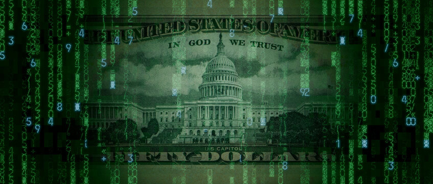 Digital Money Concept with Fifty Dollar Bill made from Numbers and Symbols. Blockchain Banking Background.