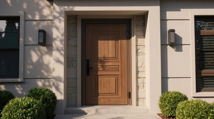 Fototapeta premium Exterior shot of modern house entrance featuring stylish wooden door. Facade details include stone accents, large window, outdoor light fixture. Green bushes frame entryway, creating welcoming curb
