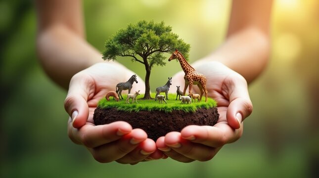 Human hands holding a small piece of earth with a tree and wild safari animals like a giraffe and zebras