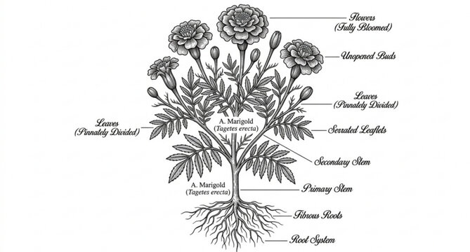 Classic marigold flower plant vintage engraving vector illustration isolated on white