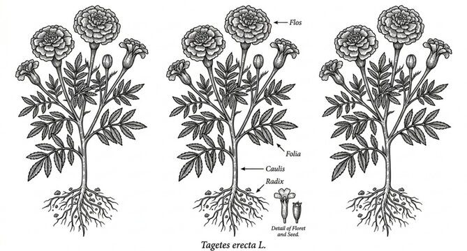 Antique marigold botanical line drawing vector illustration isolated on white background