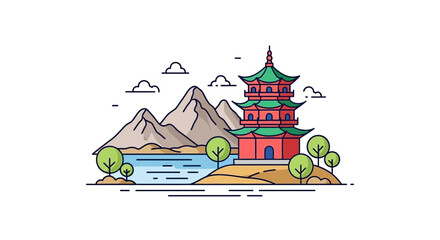 Obraz premium Traditional Pagoda Building on Island with Mountains and Lake, Asian Landscape Illustration