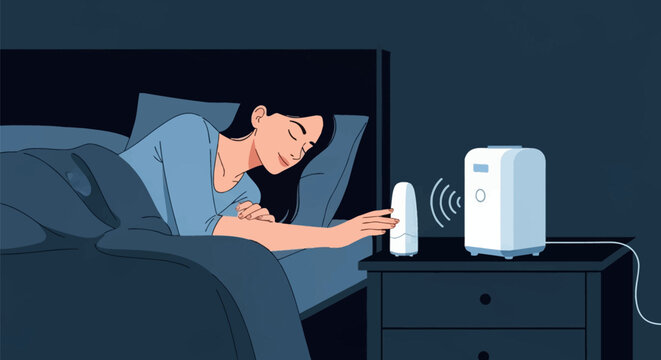 Flat vector illustration of a woman sleeping in a dark bedroom, reaching out her hand to adjust a white noise machine or air purifier on the bedside table during the night.