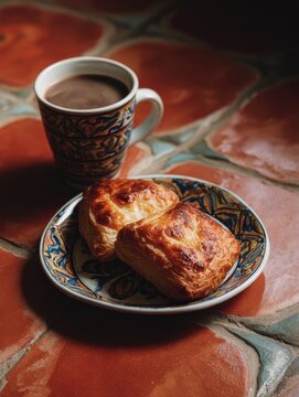 Golden morning sunlight illuminating a caf&eacute; with delicious flaky ricotta and pea pastizzi pastries on rustic terracotta tiles.