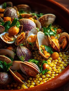 Savoring Sardinian cuisine, a traditional Italian fregola with clams in saffron-infused broth, garnished with herbs, served in a terracotta dish.