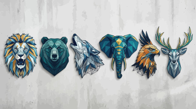 Geometric wild animal heads of lion bear and wolf on a textured background