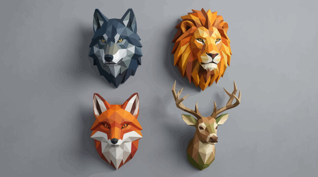 Geometric wolf and fox head portraits on a grey background