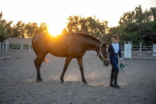 Young girl walking with her horse at sunset