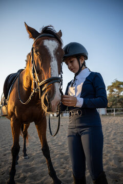 Young girl preparing bay horse before riding lesson