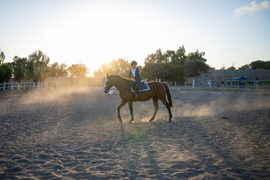 Young girl riding bay horse during equestrian training at sunset