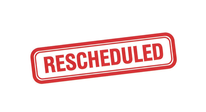A bold red oval stamp with the word rescheduled printed in all capital white letters, indicating a change in plans or postponed event