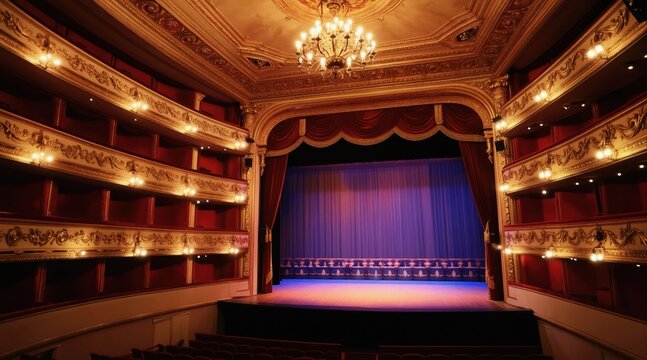 Ornate opera house interior with plush red seats, gilded balconies. Empty theatre stage features blue curtains, warm lighting from chandeliers, wall sconces creating luxurious ambiance for