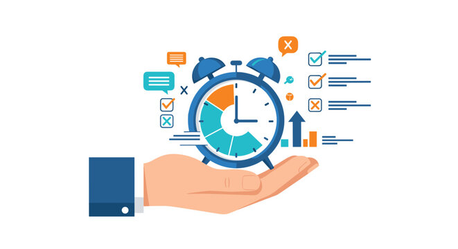 Business time management concept with hand holding alarm clock surrounded by task checklists growth charts and speech bubbles icons.