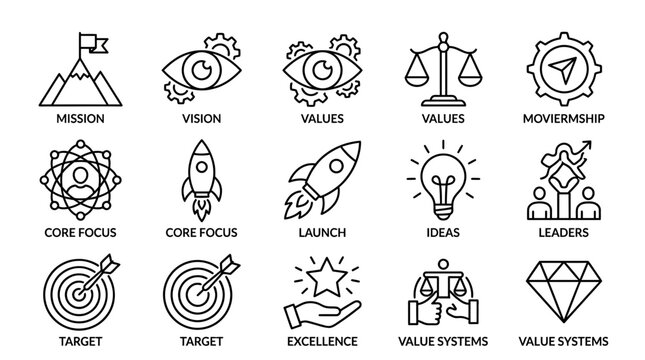 Business strategy icon set mission vision values leadership and core focus line art graphics