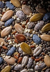 Obraz premium Extreme close-up of various dried organic seeds showcasing intricate textures, natural patterns, and earthy tones in a dense composition, natural, nutrition, layer