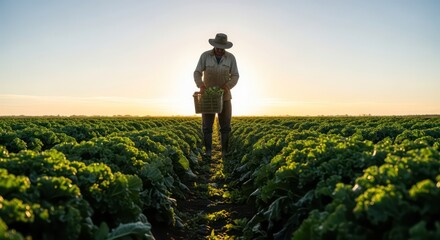 Fototapeta premium Farmer Walking Through Rows of Crops at Sunrise.