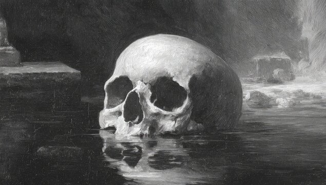 A stark black and white depiction of a skull floating in murky water, reflecting its form