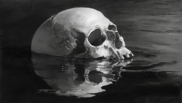 Monochrome image depicting a human skull partially submerged in still, reflective water