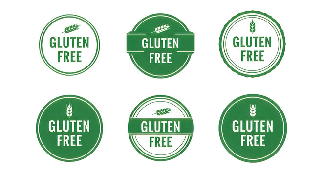 A collection of six green gluten-free labels featuring a wheat sheaf icon, each with the words 'gluten free' in bold white text, designed for food packaging or product identification
