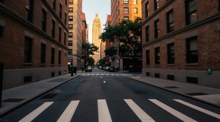 Fototapeta premium Empty New York City street with brick buildings and tall skyscraper. Early morning light casts shadows on asphalt road and crosswalk. Cars parked along curb create sense of quiet stillness.