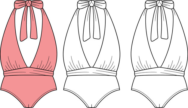 Art & Illustration Vector fashion technical sketch of a plunging halter neck swimsuit with gathered bodice and back neck tie shown in multiple colorways for design