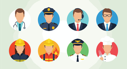 Fototapeta premium Diverse collection of professional avatars featuring various occupations such as doctor police officer chef pilot and business executives.