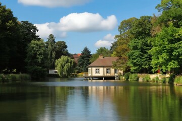 Fototapeta premium Idyllic pond in park with small house on stilts. Lush green trees surround calm water reflecting blue sky and white clouds. Peaceful nature scene offers quiet retreat.