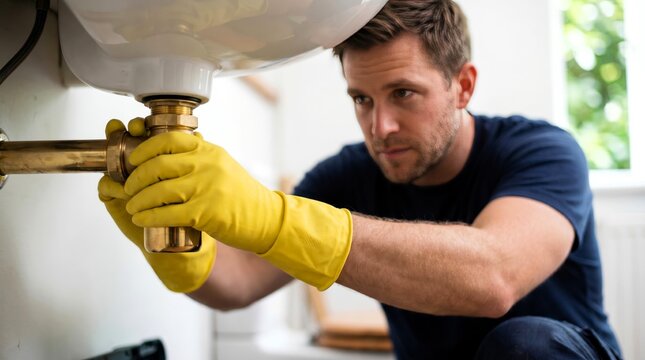 Focused male plumber wearing bright yellow protective rubber gloves repairs a metallic sink drain pipe with precision and expert care