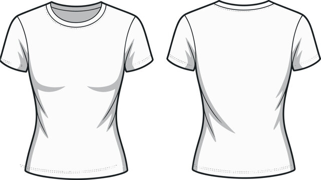 White Women's Slim Fit Cotton T-shirt Fashion Technical Sketch Vector Mockup with Front and Back View for Apparel Design Template and Clothing Tech Pack (24 words)