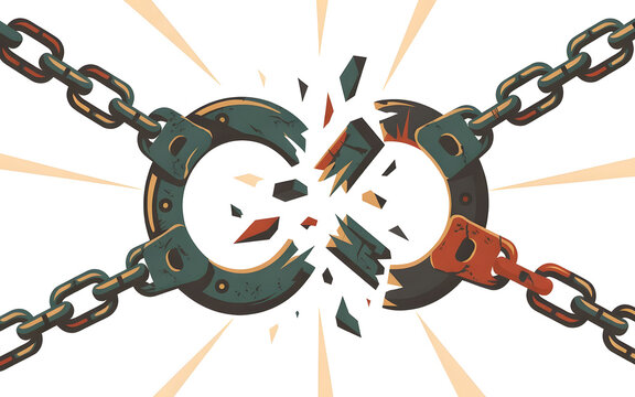 Broken handcuffs with chain on white background