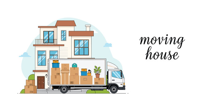 Professional moving house service illustration showing a white cargo truck loaded with boxes parked at a new home.